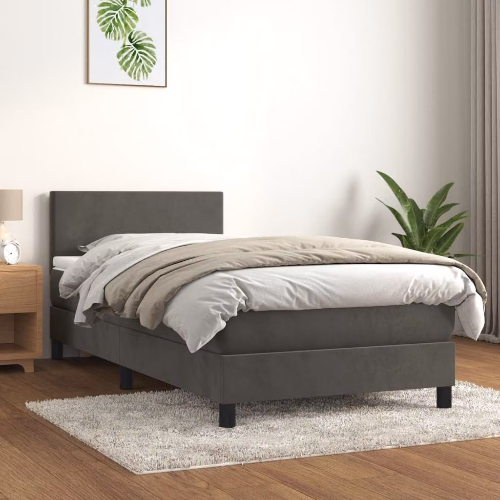 The Living Store Letto a molle con materasso grigio scuro 90x200 cm in velluto
