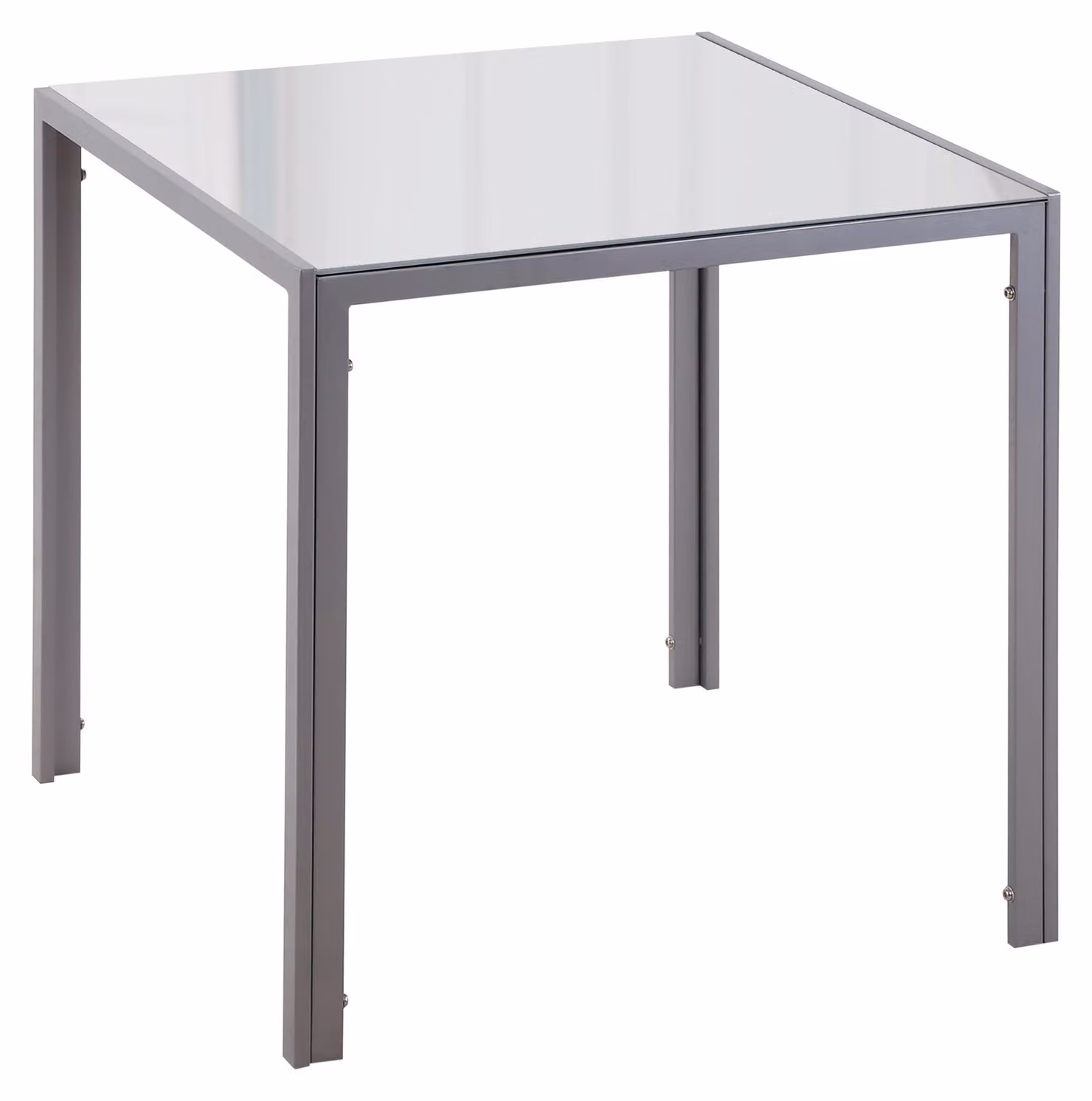 Tavolo quadrato Moonbite, dimensioni 75x75x75 cm, per 4 persone, piano in vetro temperato di 0,6 cm, struttura in metallo rivestito, capacità di carico fino a 80 kg, acciaio, colore grigio