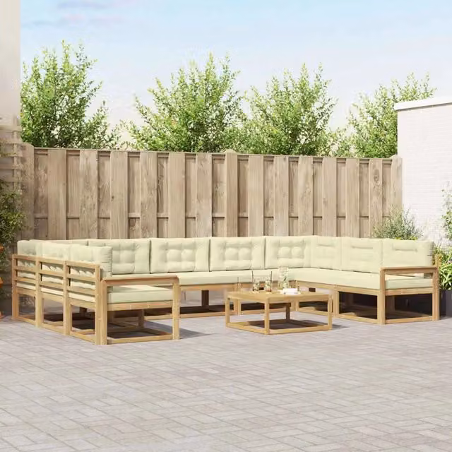 Set di divani da esterno a L con tavolino da caffè vidaXL, 10 pezzi, Bianco e Beige, in legno di acacia trattato con cuscini inclusi – 1