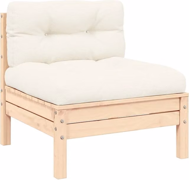 Set Salotto da Giardino in Legno di Pino con Cuscini Beige e Bianco composto da Divano a 2 Posti, Poltrona e Pouf