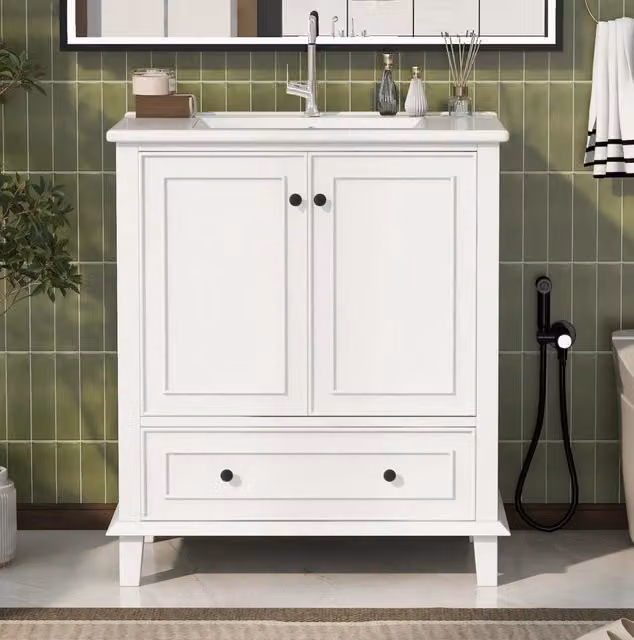 Mobile bagno freestanding 76x46x87 cm con lavabo in ceramica; 2 ante e cassetto; bianco