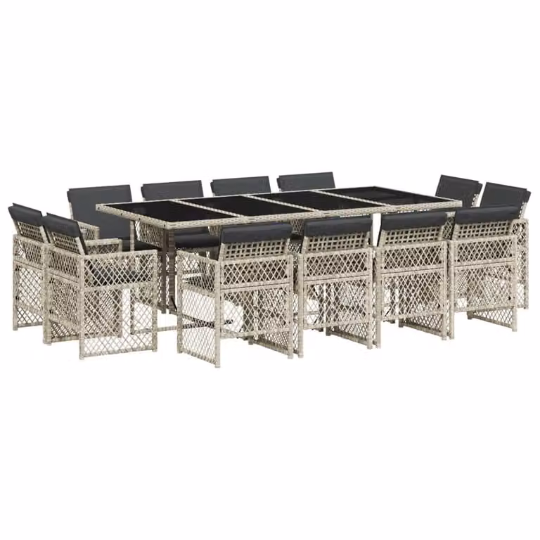 Set da Pranzo da Giardino 13pz con Cuscini Grigio in Polyrattan