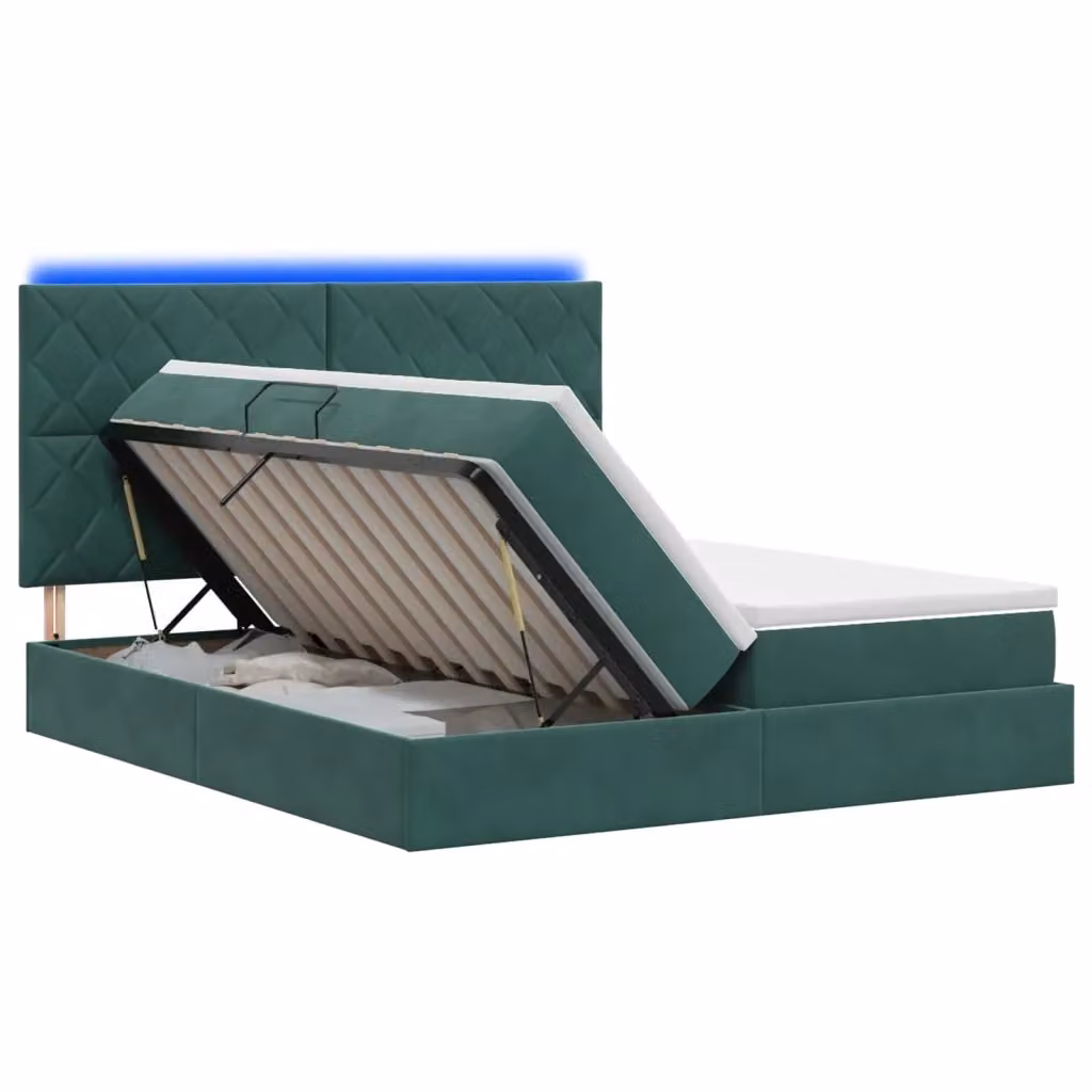 Letto con contenitore vidaXL in velluto verde con illuminazione LED e porta USB, comprensivo di materasso ibrido, L/P/H: 200 x 200 x 140 cm – 2