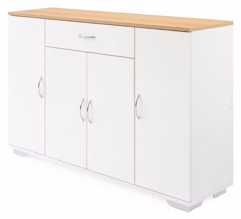 Comò con 1 cassetto e 4 ante, finitura effetto legno di quercia bianca, larghezza 110 cm; mobile contenitore con ripiani interni regolabili