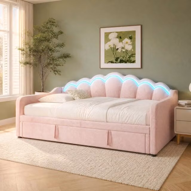 Divano letto estraibile REDOM in velluto rosa con illuminazione LED sottostante e cassetti, L/P/H: 211 x 90 x 82 cm – 1