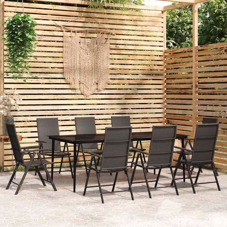 Set da pranzo per giardino vidaXL in metallo e vetro nero con 9 pezzi e cuscini