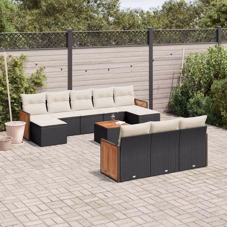 vidaXL Set Divani da Giardino 11 pz in Polyrattan Nero con Cuscini e Tavolino da Esterno
