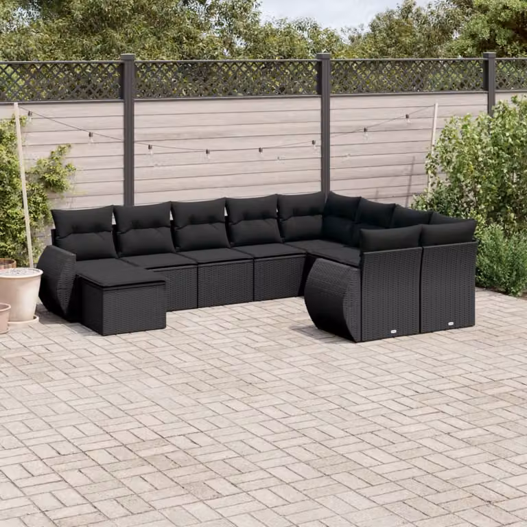 Set di Divani da Giardino vidaXL a Forma di U con Cuscini e Tavolino, Polyrattan e Metallo, Nero
