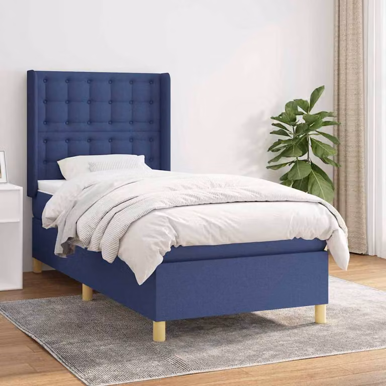 vidaXL Giroletto a Molle con Materasso Ibrido in Tessuto Blu e Bianco L/P/H: 190 x 90 x 128 cm