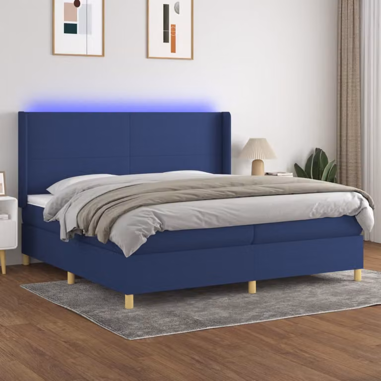 Letto a molle con materasso vidaXL in tessuto bianco e blu con illuminazione LED e porta USB L/P/H: 200 x 200 x 203 cm