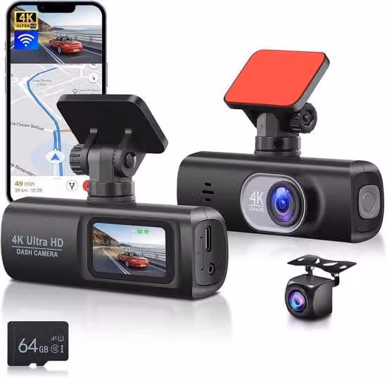 Telecamera per il monitoraggio del veicolo, con doppia fotocamera frontale e fotocamera interna, 64 GB di memoria, risoluzione FHD 1080p, schermo IPS da 3,16 pollici, sensore G, funzione di monitoraggio del parcheggio, visione notturna