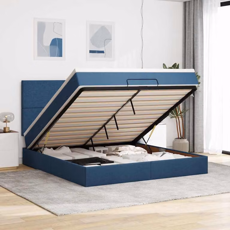 Letto matrimoniale con contenitore e materasso vidaXL in tessuto blu e bianco, dotato di base lift-up, illuminazione sottostante e porte di ricarica USB, L/P/H: 180 x 200 x 203 cm