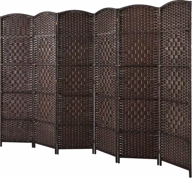 Divisori per ambienti a 6 pannelli alta 180 cm in rattan, Schermo pieghevole per privacy con cornice in legno naturale Marrone