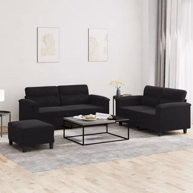 Set Divani 3 pz con Cuscini Nero in Tessuto Microfibra 3202323