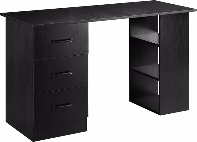 Scrivania Moderna HOMCOM in Legno con 3 Cassetti e 3 Ripiani, Nero, L 120 x P 49 x H 72 cm