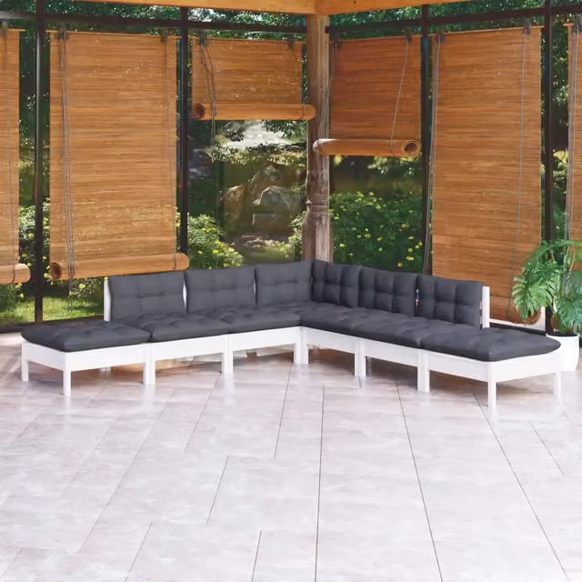Set Divani da Giardino 7 pz con Cuscini Bianchi Legno di Pino 3096323