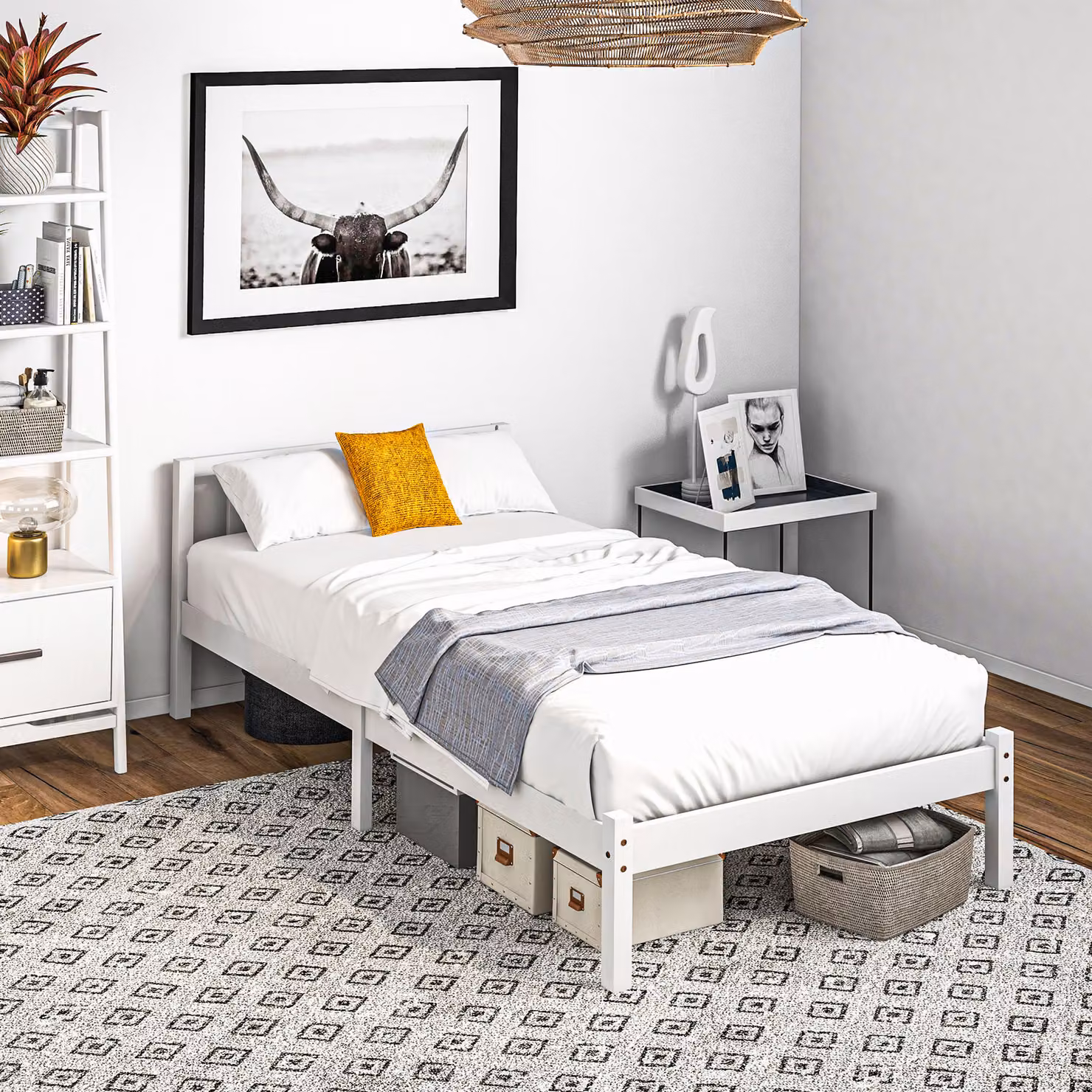 Struttura letto singola HOMCOM in legno di pino con testiera e rete a doghe, Bianco, L: 208 cm, P: 96 cm, H: 70 cm – 2