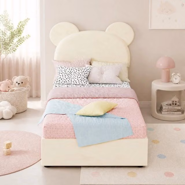 Letto imbottito 90 x 200 cm con vano contenitore a sollevamento pneumatico; beige
