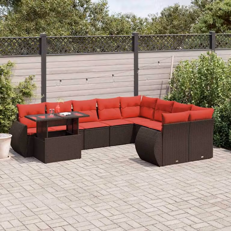 Set di divani da giardino vidaXL in polyrattan marrone con cuscini e tavolino da esterno, design moderno a L con struttura in acciaio verniciato a polvere
