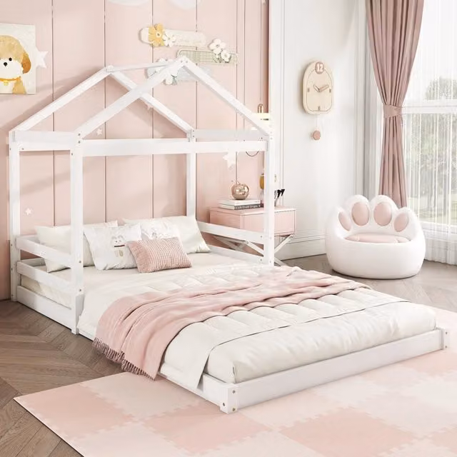 Letto a casetta Mivray per cameretta dei bambini in legno di pino e MDF bianco con rete a doghe L/P/H: 200 x 140 x 149 cm