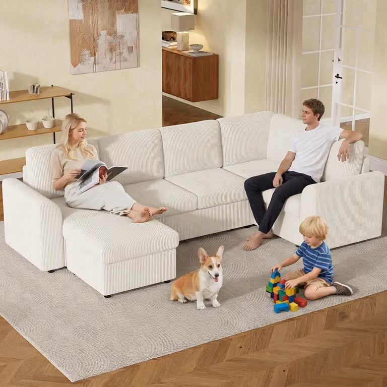 Divano ad angolo a U Merax a 4 posti con 2 pouf contenitori, divano letto modulare, divano in ciniglia, divano per soggiorno e camera degli ospiti, beige