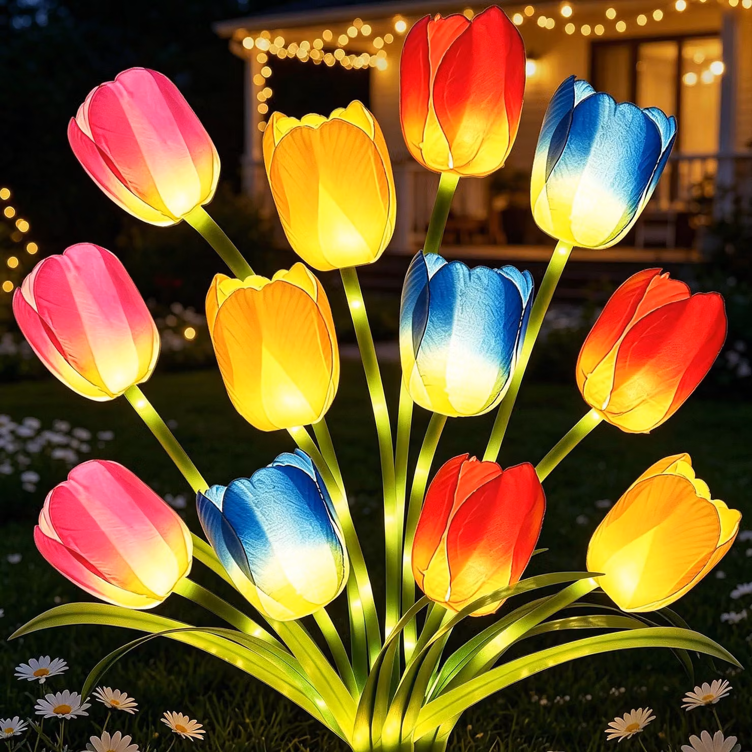 Set di 4 lampade a forma di tulipano solari, con LED, grado di protezione IP65, ideali per giardino e terrazza