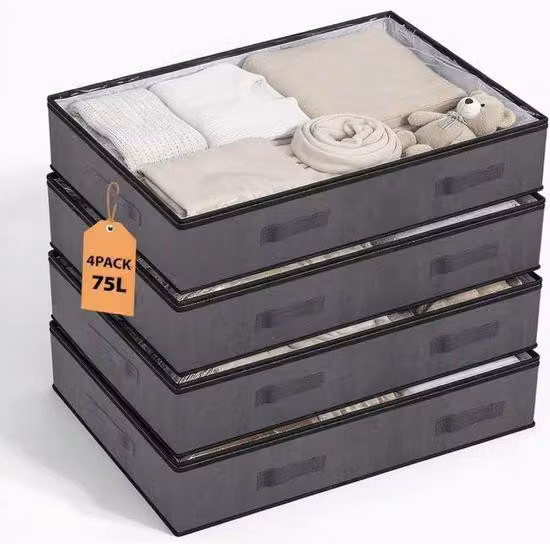 Cassa portaoggetti in tessuto grigio con doppia chiusura, 75 L, pieghevole, 4 pezzi, per il letto, il trasloco, i vestiti