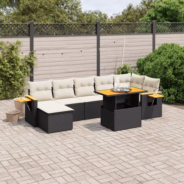 vidaXL Set Divani da Giardino a L in Polyrattan con Cuscini e Tavolino da Caffè, 8 Pezzi, Nero e Bianco