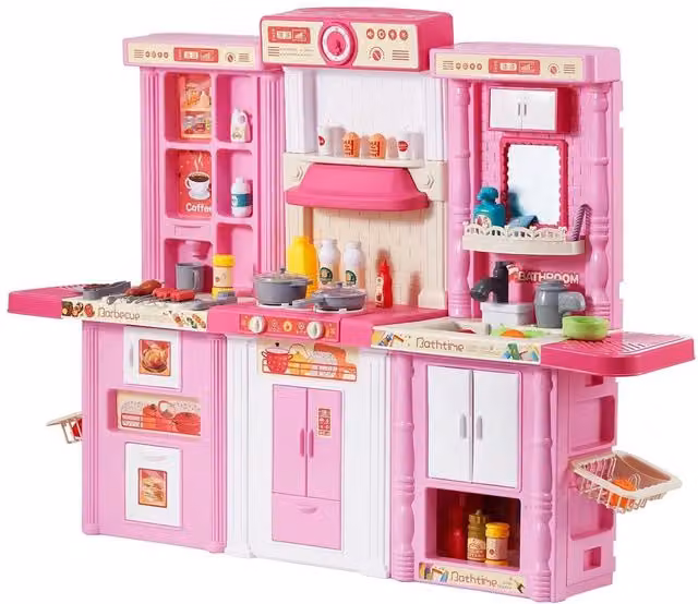 Set Cucina per Bambini 3-8 Anni con 74 Accessori, Suoni, Luci e Spruzzatore Simulato, Colore Rosa