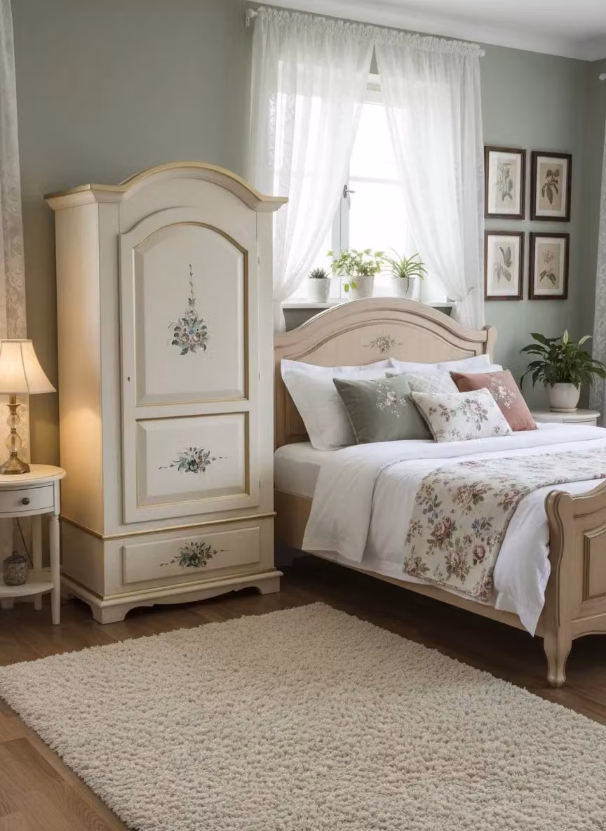 Armadio classico shabby chic con 1 anta e decori floreali in stile avorio e oro Mobili 2G L/P/H: 96 x 56 x 196 cm – 3