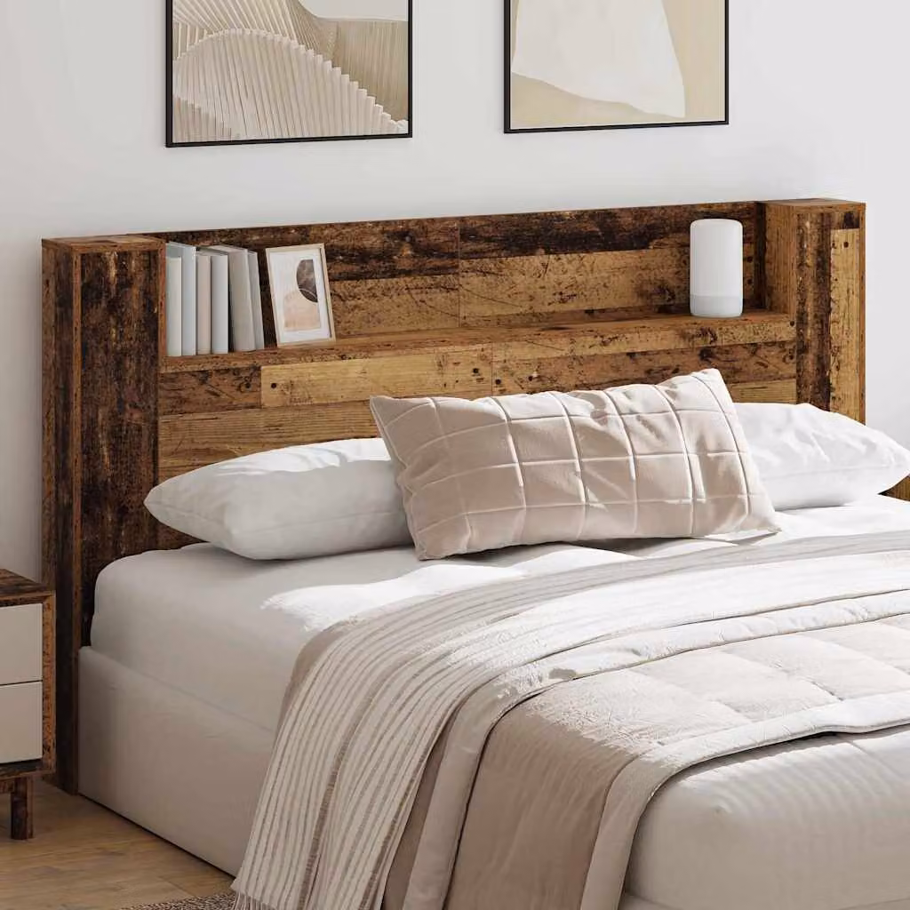 Testiera con stoccaggio vidaXL in legno antico marrone con illuminazione LED, ripiano integrato e porta di ricarica USB, L: 180 cm, H: 104,5 cm, P: 23,62 cm