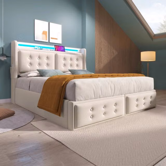 Desviae Letto Contenitore 160 × 200 cm 2 posti LED, USB e Type-C, con materasso, in cotone lino, beige