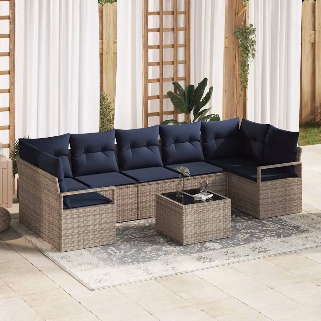 Set da giardino vidaXL composto da 8 pezzi con divano angolare a L, tavolo da caffè e cuscini, colore grigio