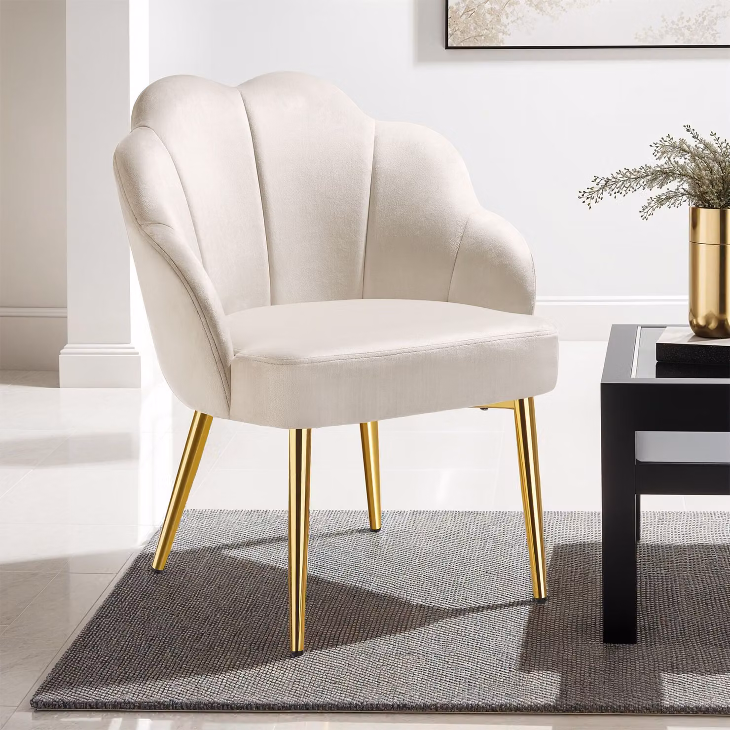 Poltrona da cocktail Hellen TecTake GmbH in velluto beige e oro con struttura in metallo e braccioli, H 80.5 x L 62.0 x P 45.0 cm – 2