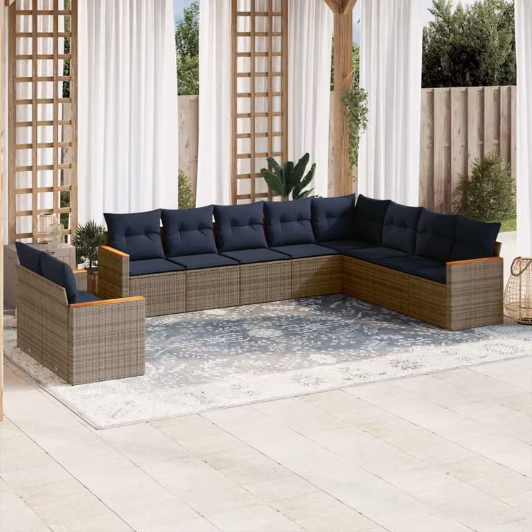 Set di divani da giardino vidaXL in polyrattan grigio con cuscini, design moderno a forma di L per esterno