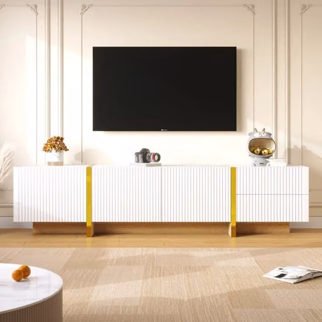 Mobile TV 190 cm ¨C MINIMAL ¨C Bianco con Oro, 3 Ante, 2 Cassetti, Legno