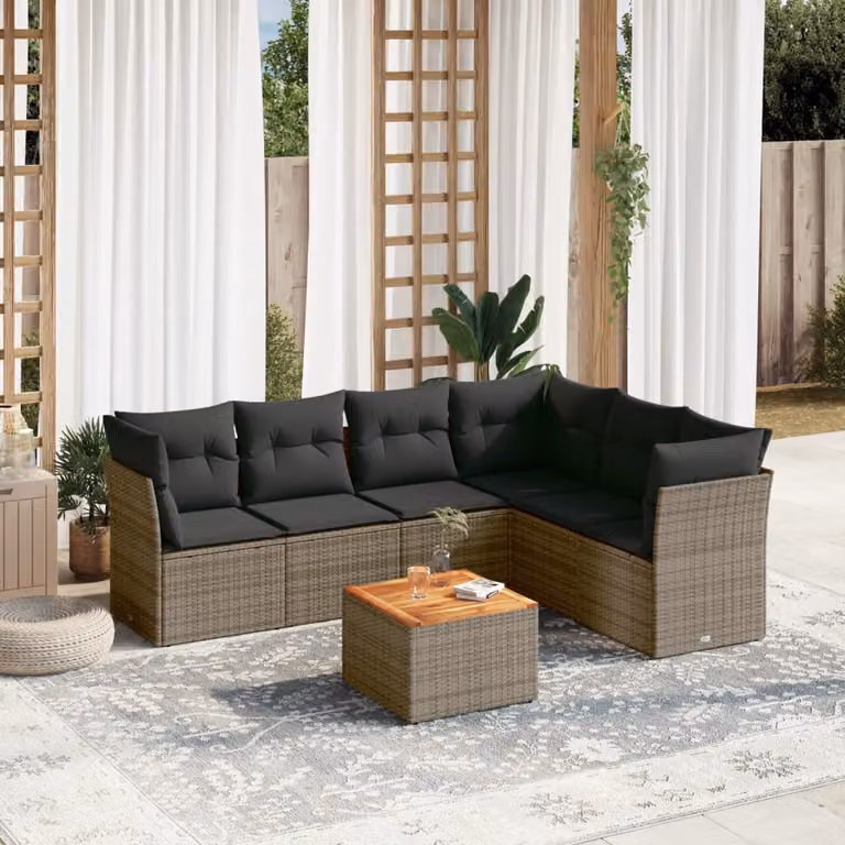 vidaXL Set Divani da Giardino 7 pz in Polyrattan Grigio con Cuscini e Tavolino da Caffè