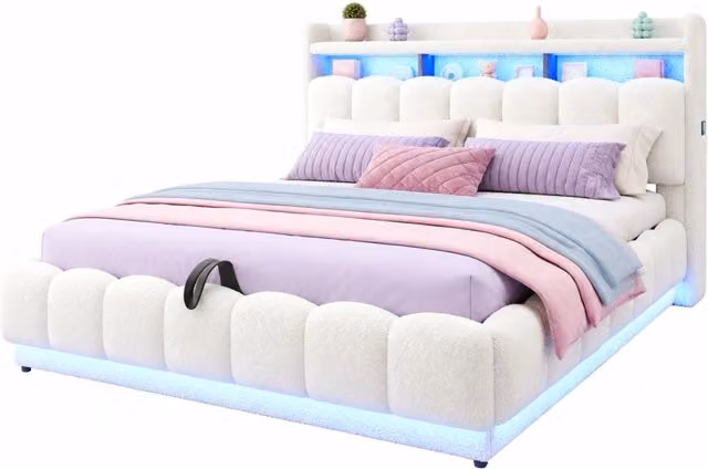 Letto matrimoniale 180x200 cm con contenitore idraulico; LED; USB e presa; bianco