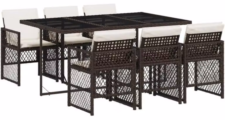 Set da pranzo per esterno, composto da 7 pezzi: tavolo, 6 sedie e cuscini, in rattan sintetico marrone con piano in vetro