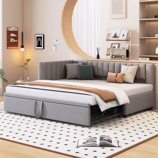 Divano letto L trasformabile ¨C Minimal ¨C grigio velluto 90x200 / 180x200 cm