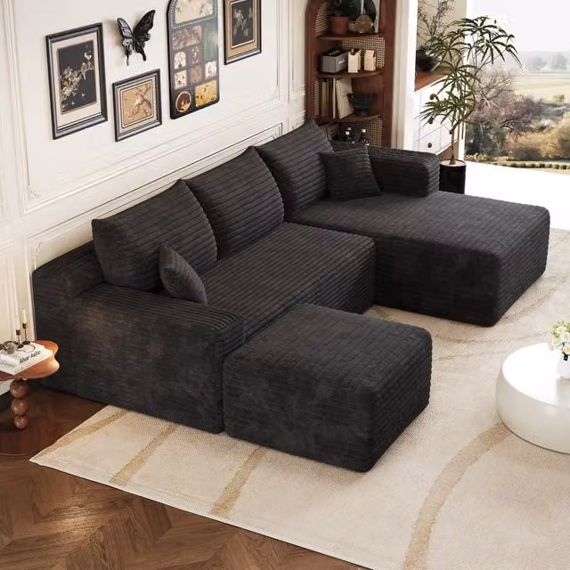 Divano angolare modulare 241x151x58 cm; divano effetto nuvola con seduta profonda; consegnato montato; velluto a coste; nero