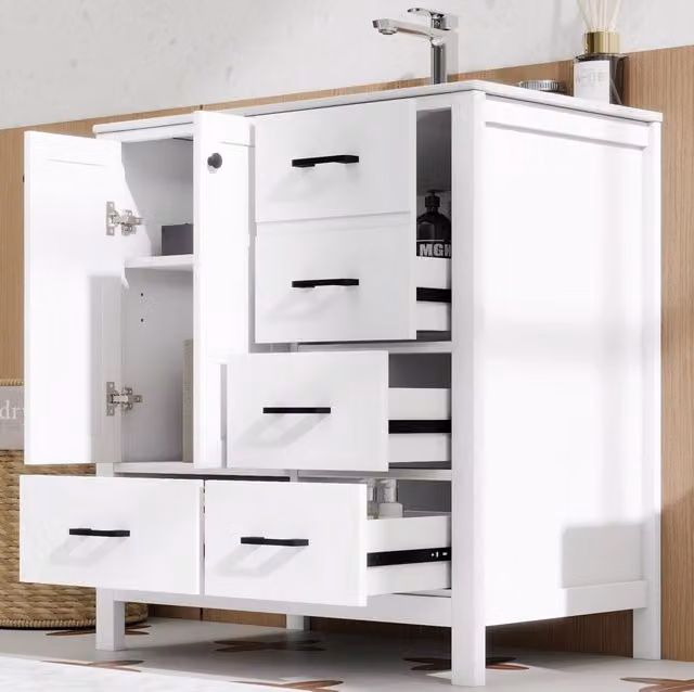Mobile bagno con lavabo ULEVR 76x46x82 cm, 2 ante, 4 cassetti e 3 ripiani regolabili, bianco