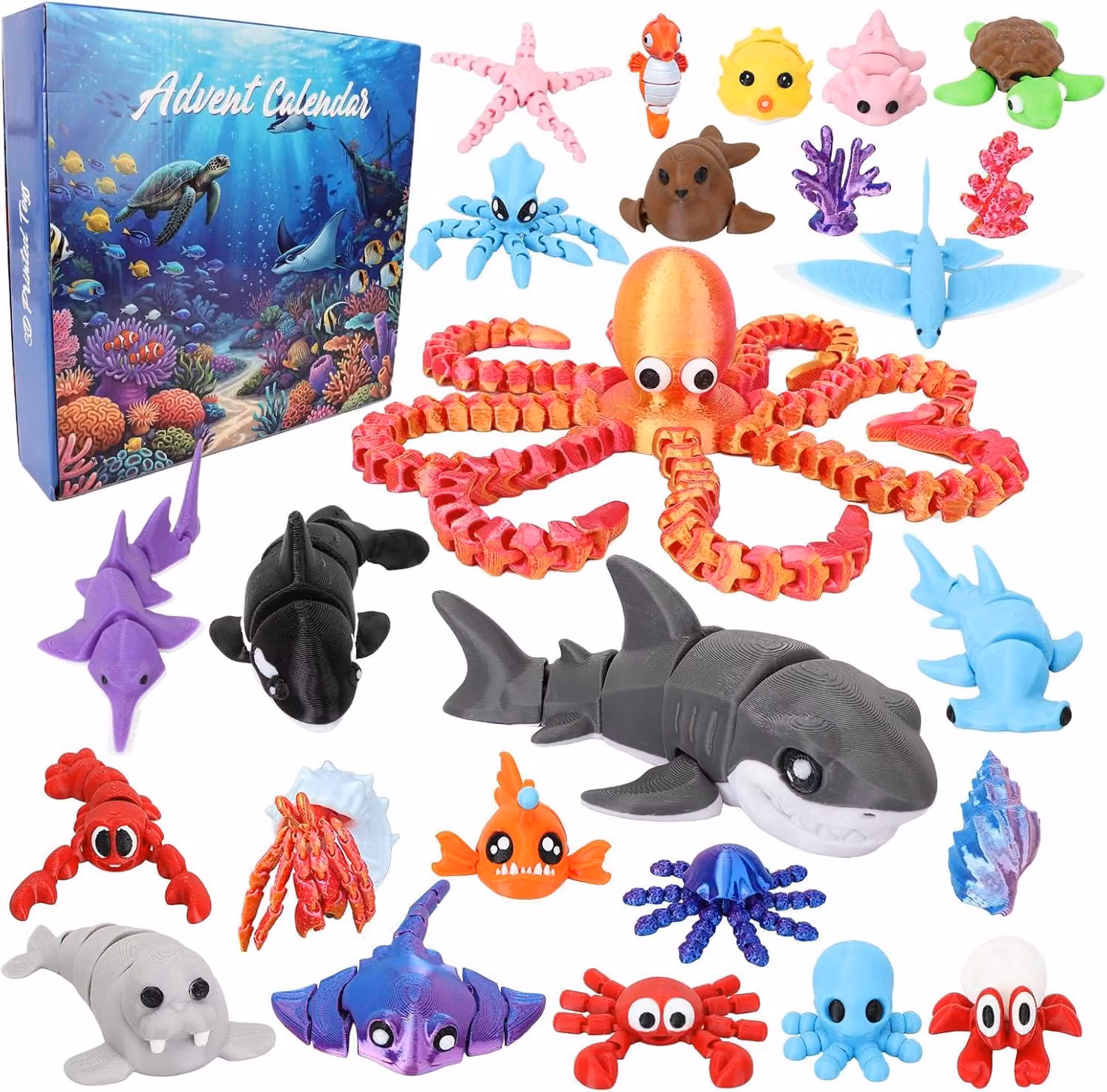 Calendario dell'Avvento a tema vita marina - 24 piccoli personaggi mobili a tema marino, ideali come "fidget toys" - Conto alla rovescia per il Natale