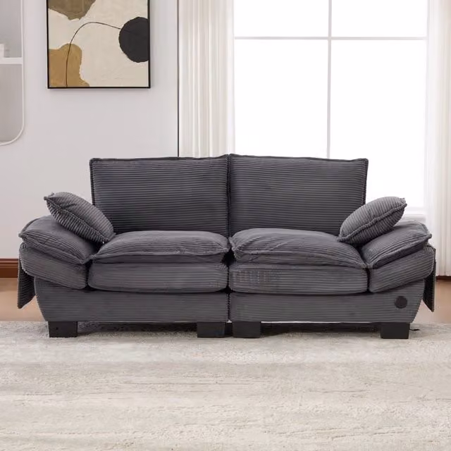Divano a 2 posti Mivray in velluto a coste grigio con porta USB e seduta ergonomica L/P/H: 190 x 84 x 73 cm
