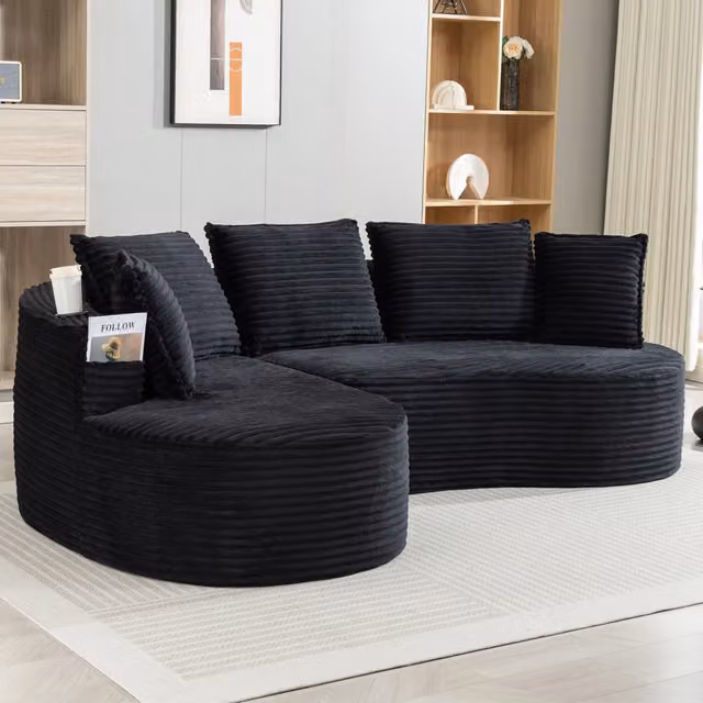 Divano ad arco 250x152x82 cm con portabevande e tasche laterali in corduroy nero