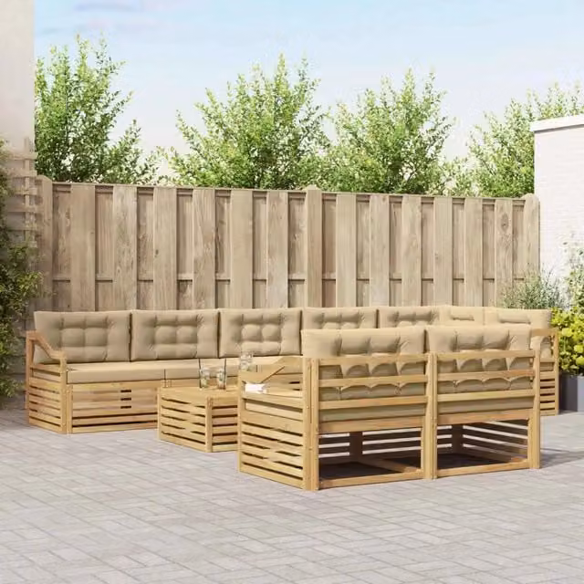 Set di divani da esterno a L vidaXL in legno di acacia con cuscini, Bianco e Beige – 1