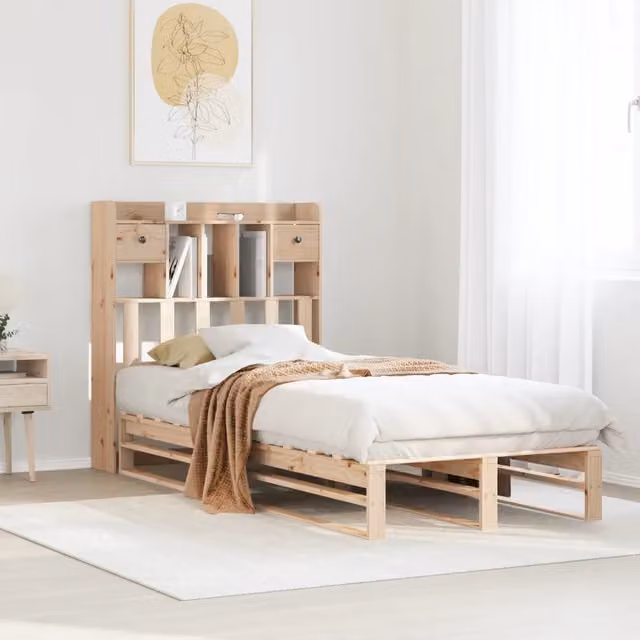 Letto Libreria senza Materasso-Struttura Letto con contenitore 90x200 cm Legno Massello Pino 101037