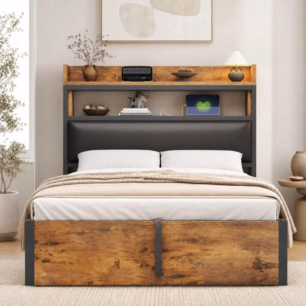 Letto singolo con contenitore Mivray nero con sollevamento idraulico, porta USB e testiera imbottita, L/P: 90 x 200 cm – 2