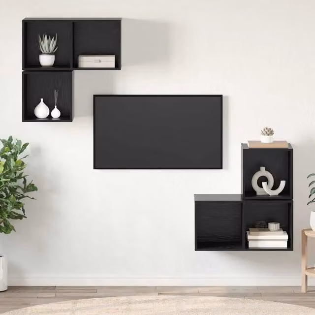 Set di 4 credenze per TV vidaXL in legno multistrato stile rustico, colore rovere nero, montaggio a parete