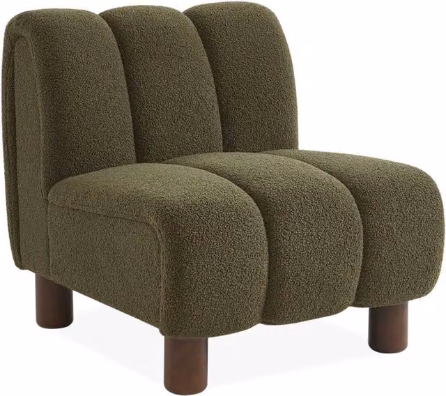 Poltrona relax Sweeek in tessuto bouclé con gambe in legno, modello tub con braccioli, beige e verde – 1